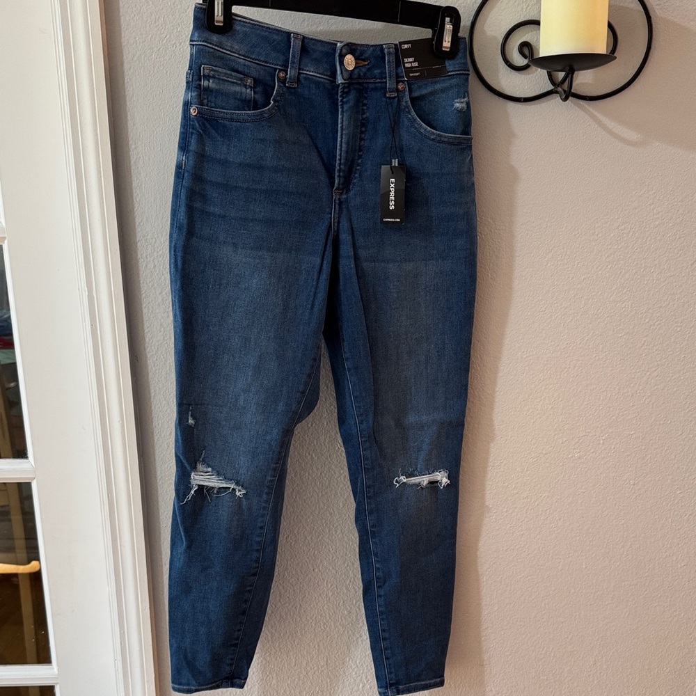 Express Dark Blue Distressed Skinny Jeans